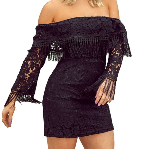 STUNNING Off the shoulder lace mini dress with fringe trim in black - Picture 3 of 4
